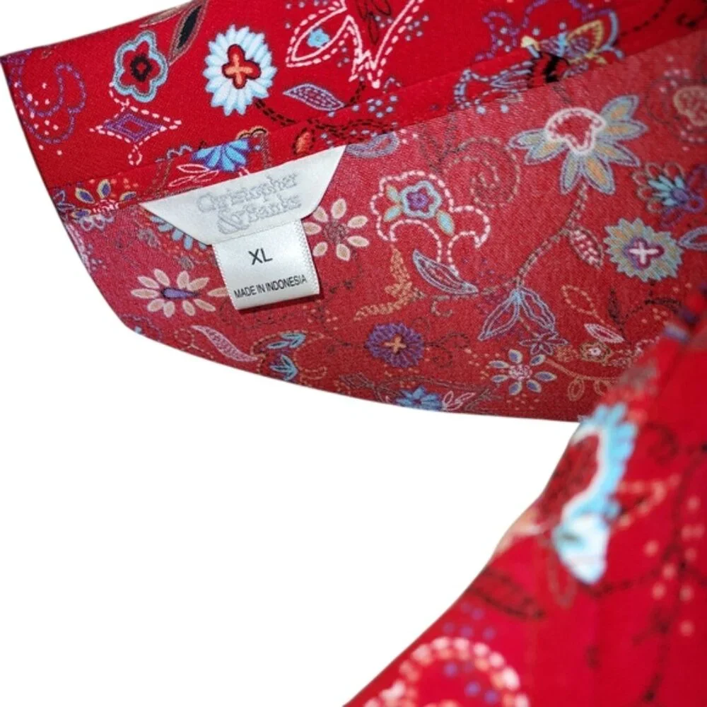 Christopher and Banks Size XL Women's Floral 3/4 Sleeve Red Button Down Top - Picture 16 of 16